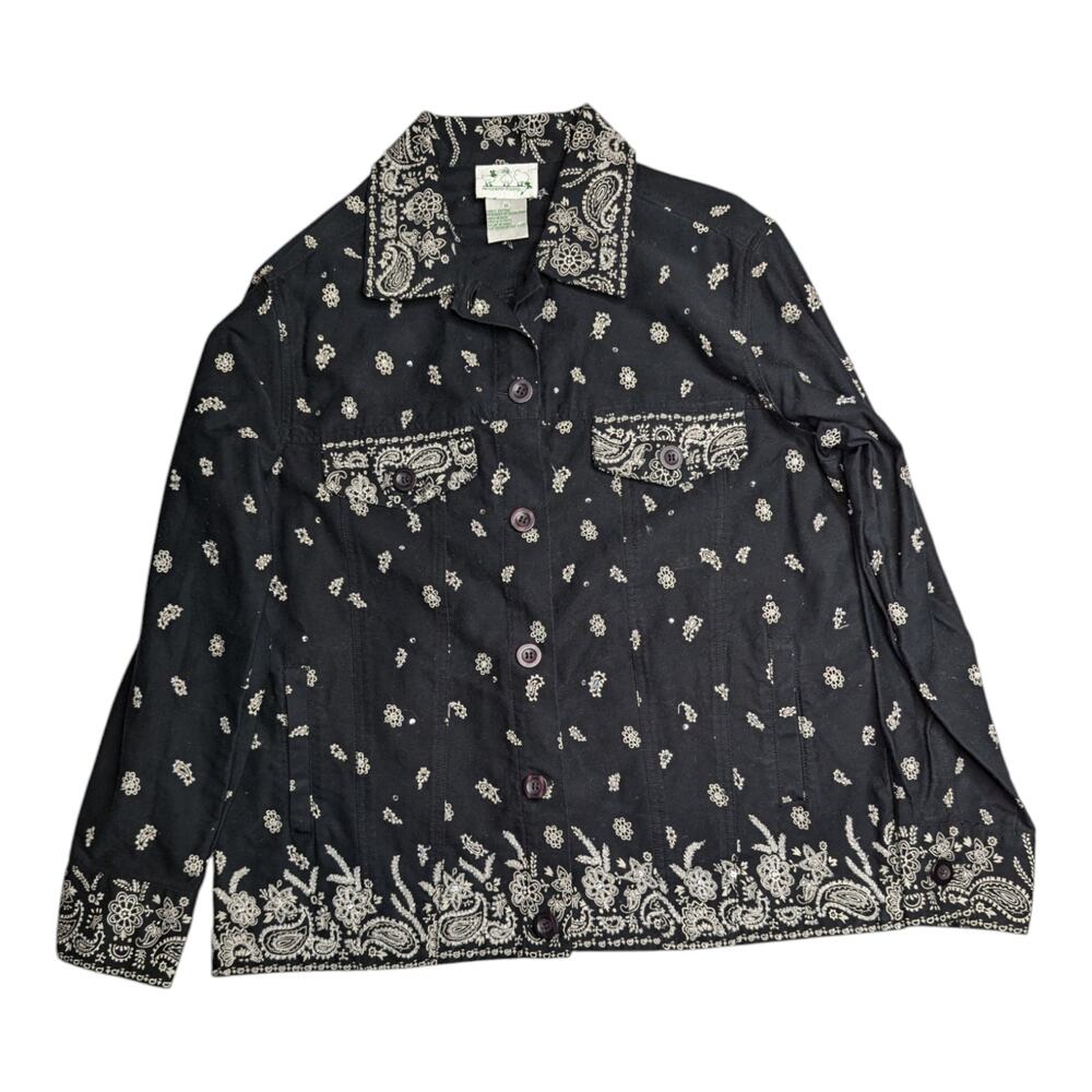 Vtg Y2K Quacker Factory Black Paisley Bandanna Print Embellished Cotton Jacket M